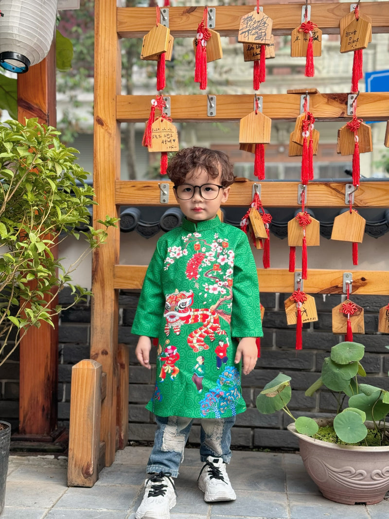 Green Dress For Boys | Áo Dài Bé Trai | Printed Ao Dai For Son | Ao Dai Tet