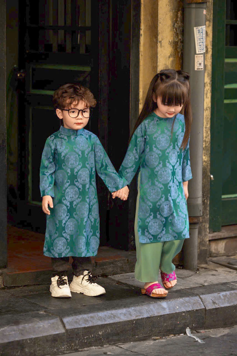 Ao Dai Dress For Boys | Red Blue Silk Ao Dai For Kid Boys | Áo Dài Bé Trai | C23