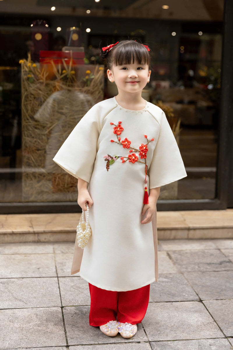 Girl Dress | Áo Dài Bé gái | Vietnamese Girl Ao Dai | Cream\ White Ao Dai for Daughter