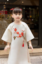 Girl Dress | Áo Dài Bé gái | Vietnamese Girl Ao Dai | Cream\ White Ao Dai for Daughter