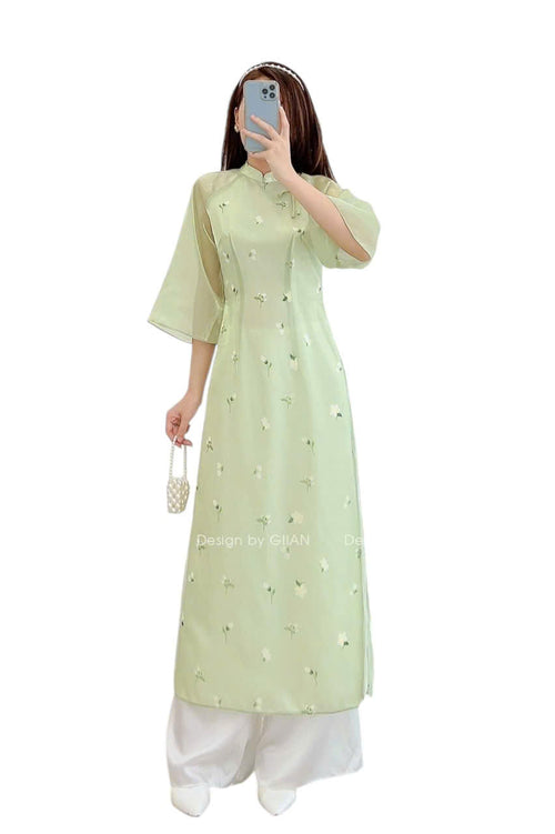 Green Flower Bud Modern Ao Dai Dress | Ao Dai Cach Tan No Pants H4