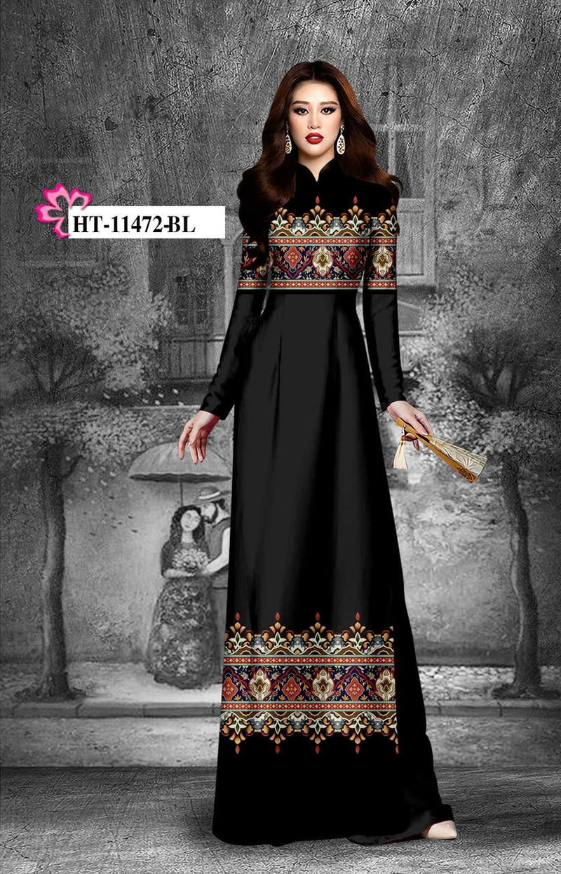 Black 3D Printed Floral Ao Dai For Women w Pants | Áo Dài Truyền Thống