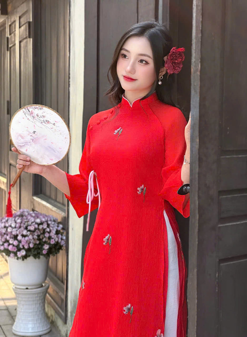 Red Crepe Silk Ao Dai For Women | Vietnamese Modernized Dress- No Pants | I7