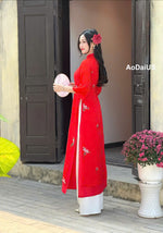 Red Crepe Silk Ao Dai For Women | Vietnamese Modernized Dress- No Pants | I7