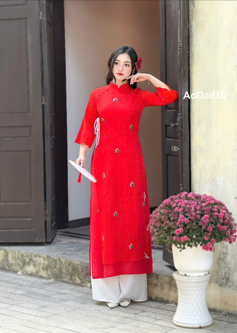 Red Crepe Silk Ao Dai For Women | Vietnamese Modernized Dress- No Pants | I7