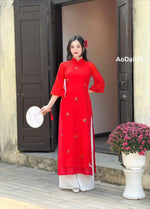 Red Crepe Silk Ao Dai For Women | Vietnamese Modernized Dress- No Pants | I7