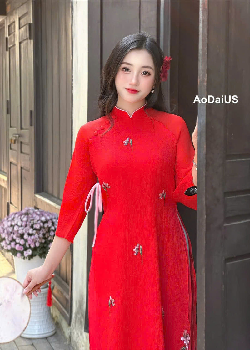 Red Crepe Silk Ao Dai For Women | Vietnamese Modernized Dress- No Pants | I7