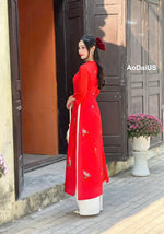 Red Crepe Silk Ao Dai For Women- Round neck | Vietnamese Modernized Dress- No Pants | I12