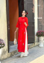 Red Crepe Silk Ao Dai For Women- Round neck | Vietnamese Modernized Dress- No Pants | I12