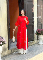 Red Crepe Silk Ao Dai For Women- Round neck | Vietnamese Modernized Dress- No Pants | I12