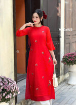 Red Crepe Silk Ao Dai For Women- Round neck | Vietnamese Modernized Dress- No Pants | I12