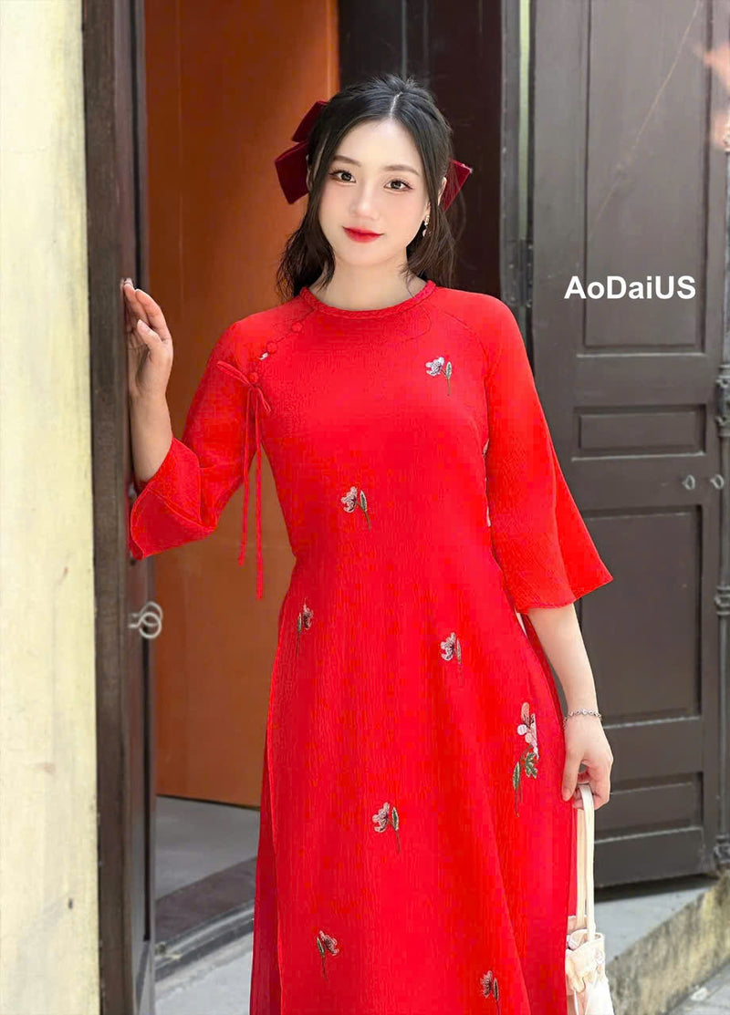 Red Crepe Silk Ao Dai For Women- Round neck | Vietnamese Modernized Dress- No Pants | I12