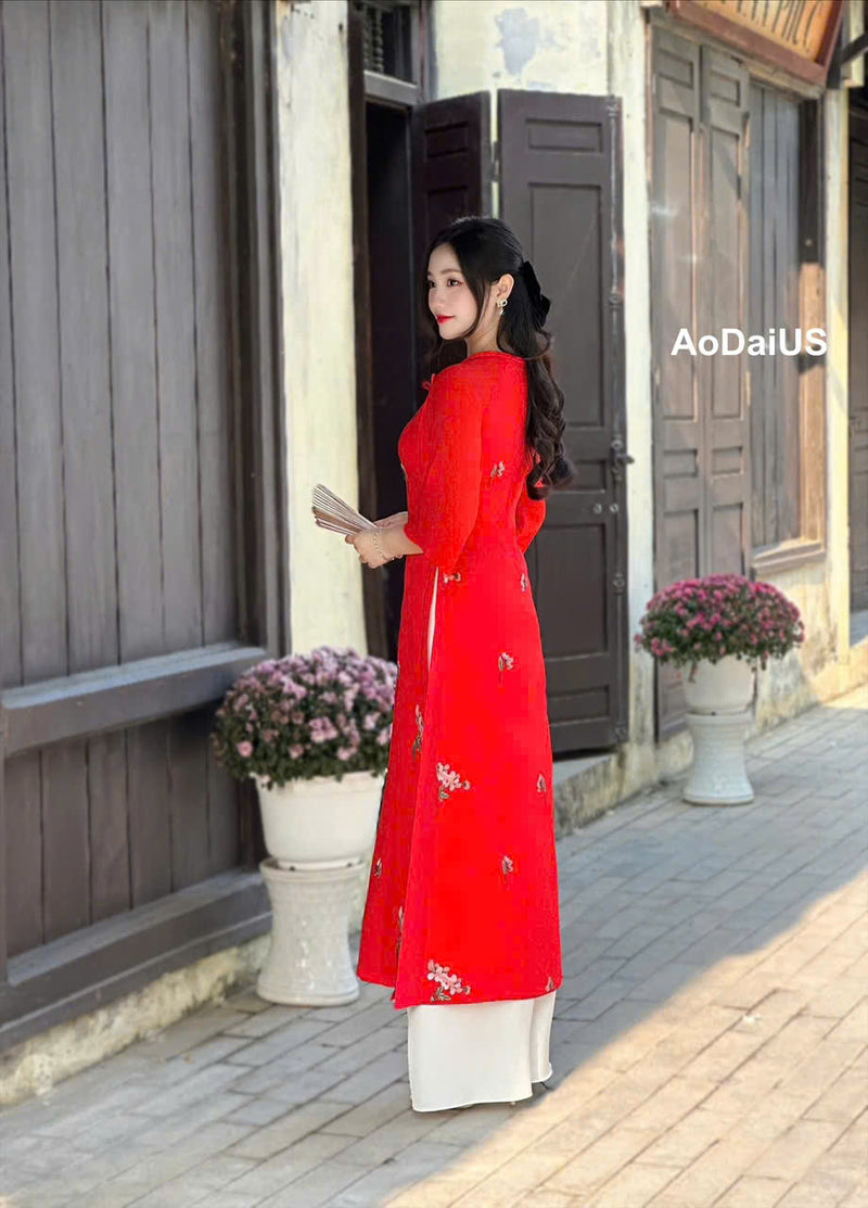 Red Ao Dai For Women- Cut-out Shoulder | Vietnamese Modernized Dress- No Pants | I5