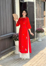 Red Ao Dai For Women- Cut-out Shoulder | Vietnamese Modernized Dress- No Pants | I5