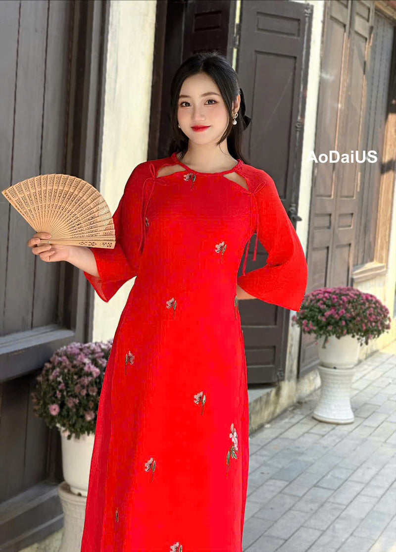 Red Ao Dai For Women- Cut-out Shoulder | Vietnamese Modernized Dress- No Pants | I5