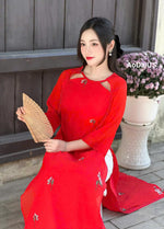 Red Ao Dai For Women- Cut-out Shoulder | Vietnamese Modernized Dress- No Pants | I5