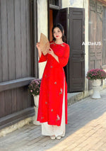 Red Ao Dai For Women- Cut-out Shoulder | Vietnamese Modernized Dress- No Pants | I5