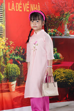 Vietnamese Ao Dai for Girls – Light Pink with Flower Embroidery | Headpiece Ao Dai