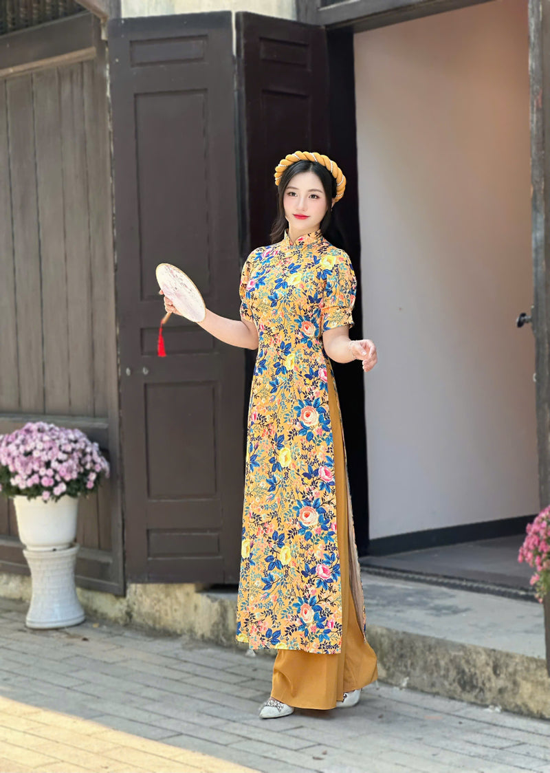 3D Floral Printed Golden Ao Dai Set - Headband Ao Dai | Áo Dài Truyền Thống