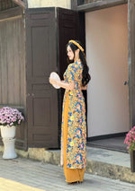 3D Floral Printed Golden Ao Dai Set - Headband Ao Dai | Áo Dài Truyền Thống