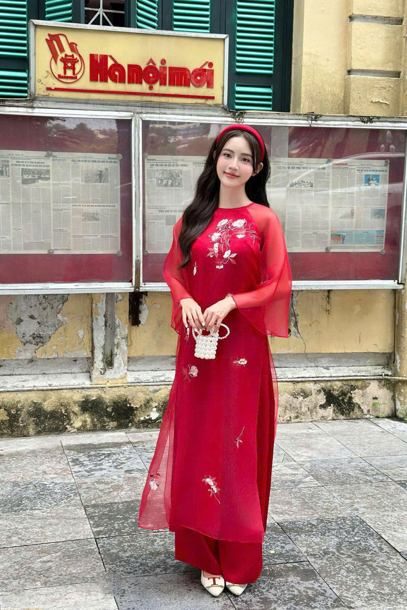 Red Ao Dai Dress | Vietnamese Modernized Dress | Luxury Ao Dai For Special Event