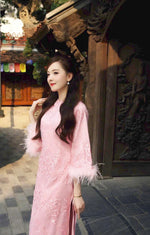 Pink Floral Lace Ao Dai NO PANTS | Ao Dai Vietnam | Vietnamese Loose-fitting Ao Dai For Women | Áo Dài Truyền Thống