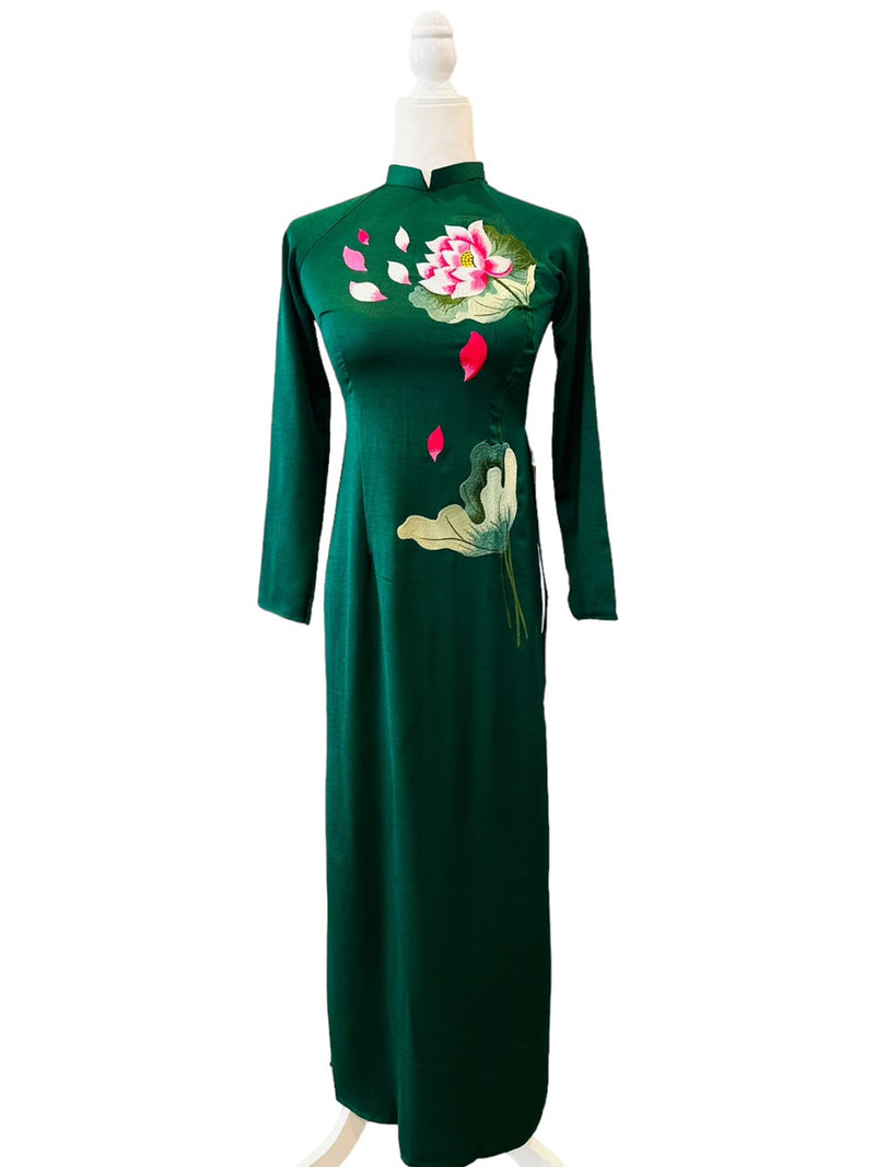 Pre-made Green Lotus Embroireded Vietnamese Ao Dai For Women | Ao Dai Viet Nam | Áo Dài Truyền Thống A10