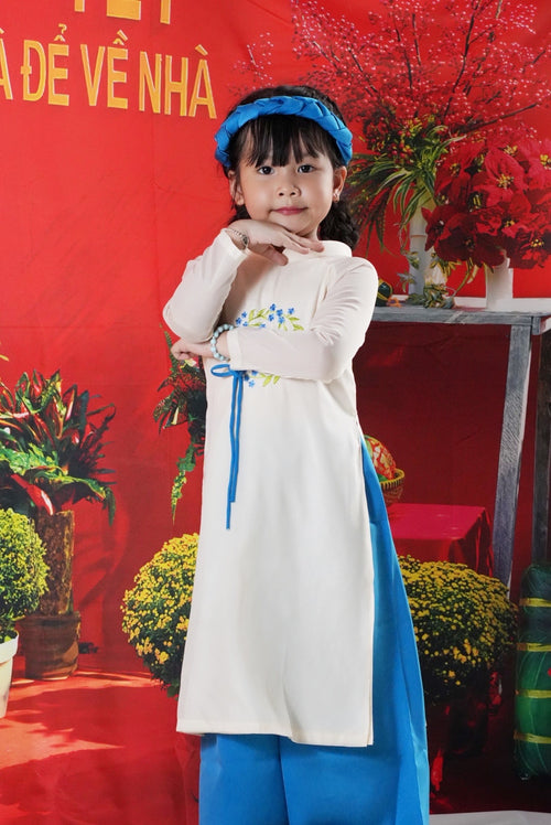 Vietnamese Ao Dai for Girls – Cream\ blue with Flower Embroidery | Headpiece Ao Dai