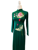 Pre-made Green Lotus Embroireded Vietnamese Ao Dai For Women | Ao Dai Viet Nam | Áo Dài Truyền Thống A10