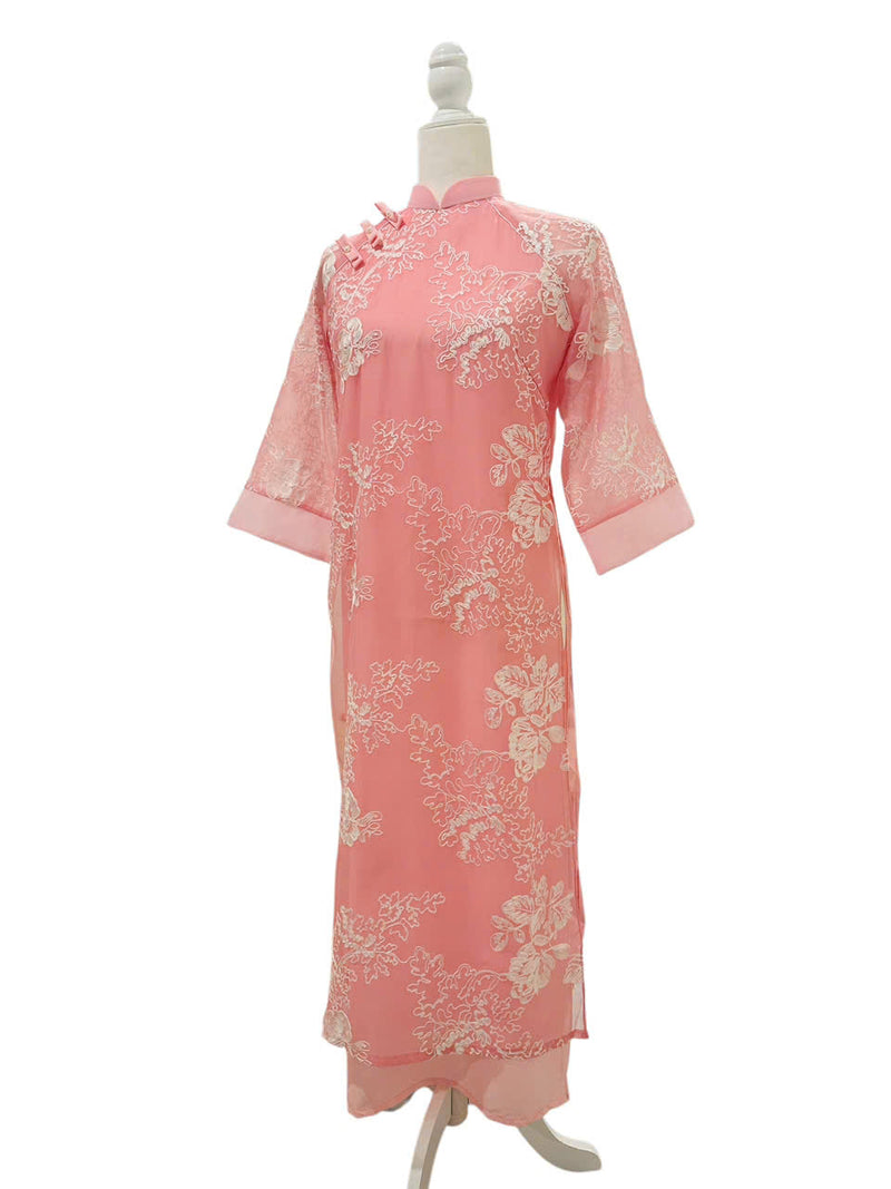 White Thread Rose Modernized Pink Ao Dai Set | Vietnamese Ao Dai | Áo Dài Cách Tân B16