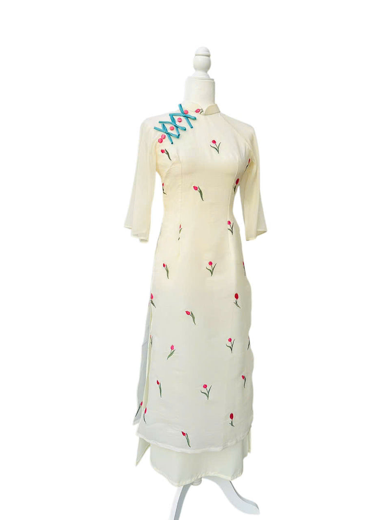 Tulip Embroidered Ao Dai For Women | Vietnamese Modernized Ao Dai Vietnam