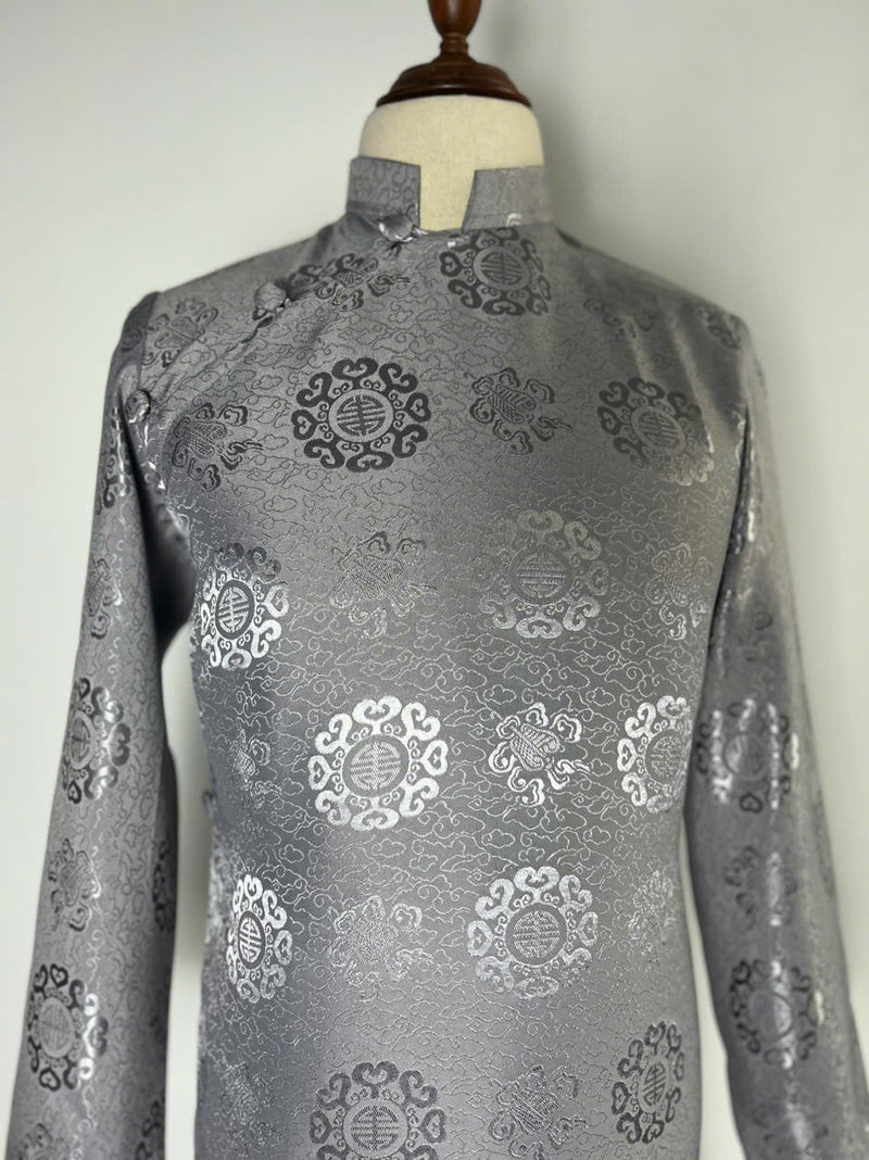 Coin Gray Men Vietnamese Traditional Ao Dai  | Men Dress | Áo Dài Nam | Jarquard Brocade Ao Dai Men