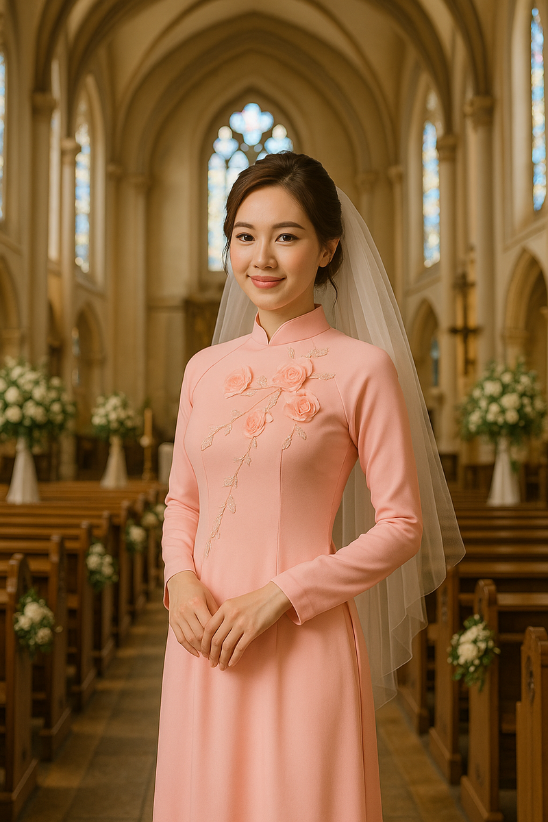 Pink Vietnamese Ao Dai Wedding Dress | Traditional Bridal Áo Dài Gown with Floral Embroidery | Elegant Church Ceremony Dress