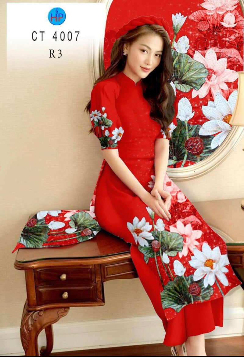 3D Lotus Printed Ao Dai | Vietnamese Ao Dai For Women