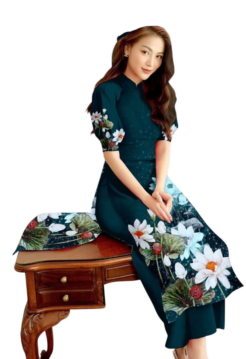 The Blooming Lotus Modernized Navy Blue Ao Dai Set | Vietnamese Ao Dai | Áo Dài Cách Tân B12