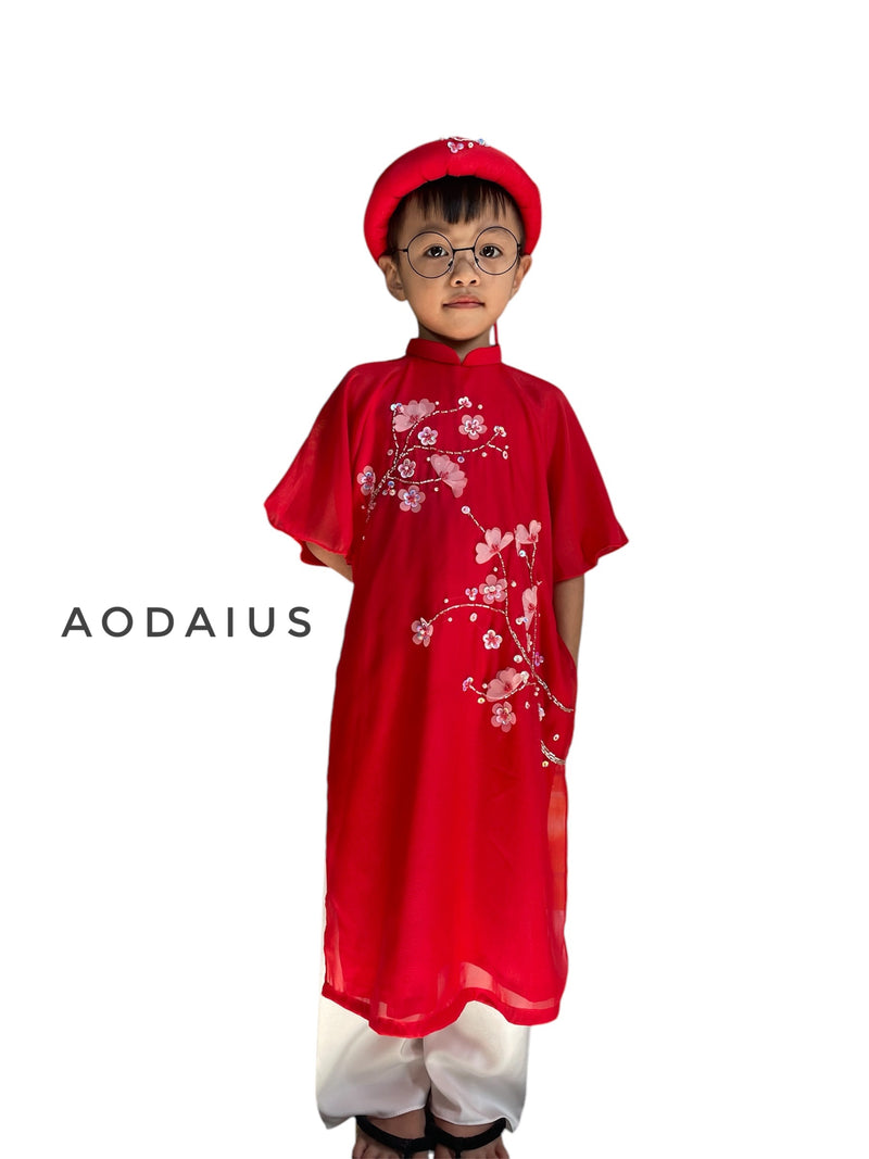 Red Sparkling Ao Dai For Baby Girl | Áo Dài Bé Gái- headband ao dai