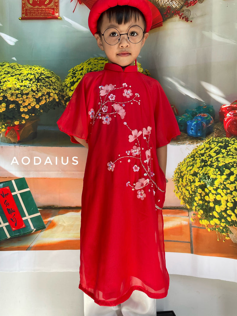 Red Sparkling Ao Dai For Baby Girl | Áo Dài Bé Gái- headband ao dai