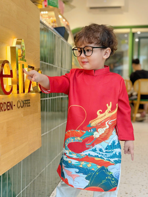 Crimson Dragon Waves Vietnamese Ao Dai for Boys | Áo Dài Bé Trai C23