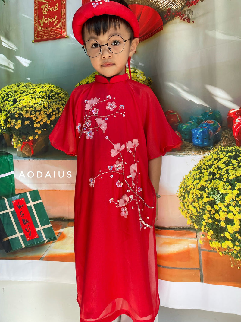 Red Sparkling Ao Dai For Baby Girl | Áo Dài Bé Gái- headband ao dai