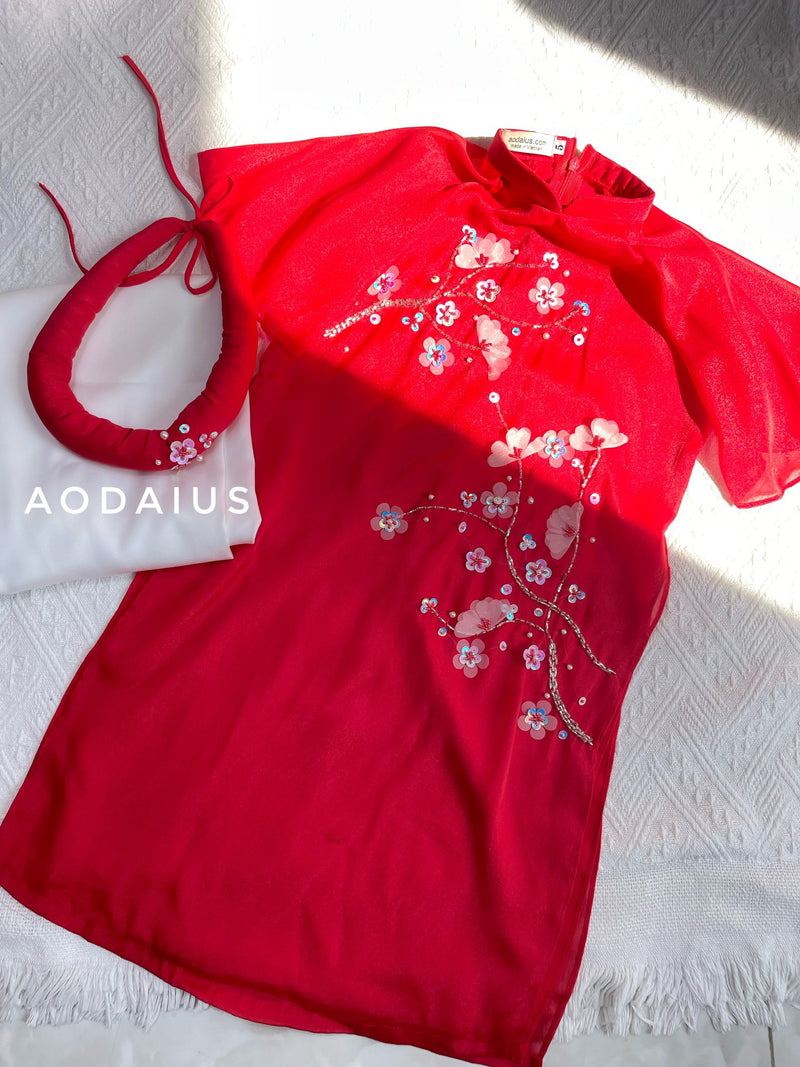 Red Sparkling Ao Dai For Baby Girl | Áo Dài Bé Gái- headband ao dai