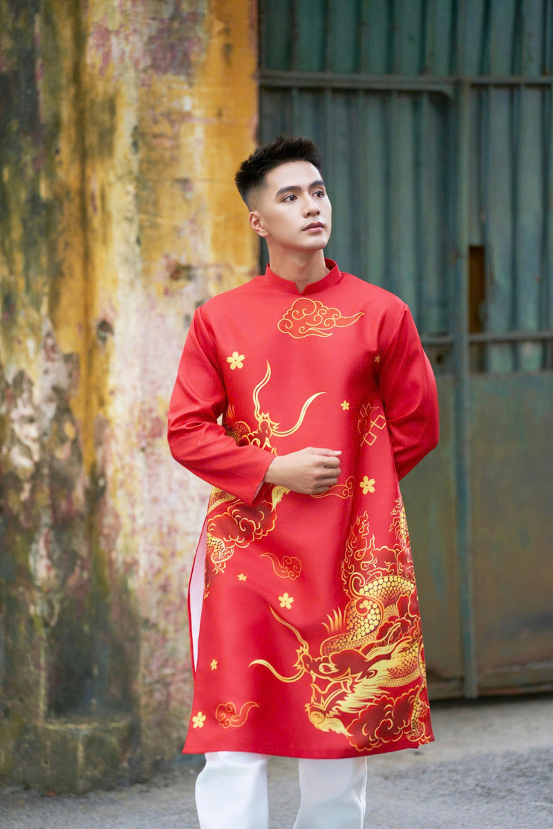 3D Dragon Printed Vietnamese Traditional Ao Dai For Men Men Dress Áo Dài Nam