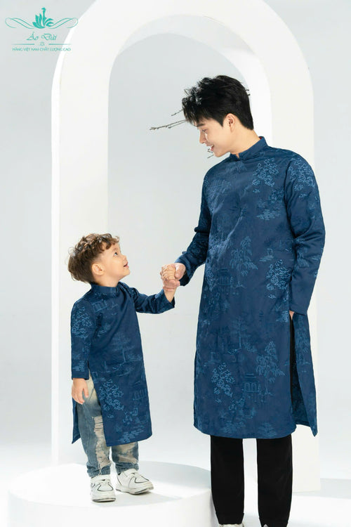 Dark Blue Landscape Traditional Ao Dai For Men | Men Dress | Áo Dài Nam