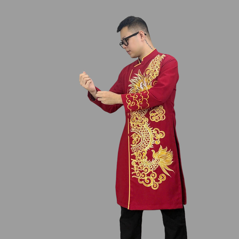 Red Dragon Embroidered Ao Dai For Men | Men Dress | Men's Ao Dai For Wedding | Áo Dài Nam