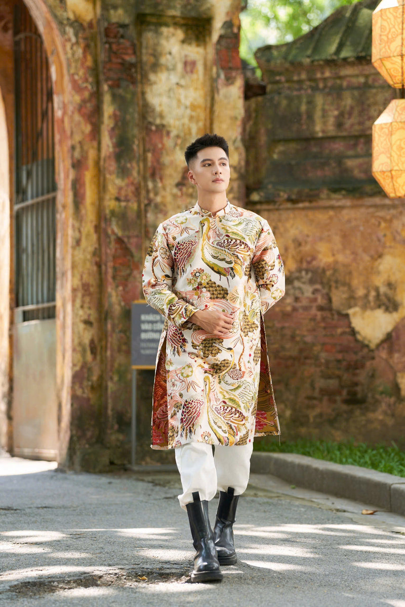 Vietnamese Men Dress | Gold Bird Printed Ao Dai Men | Modern Ao Dai For Men | Men Dress | Áo Dài Nam