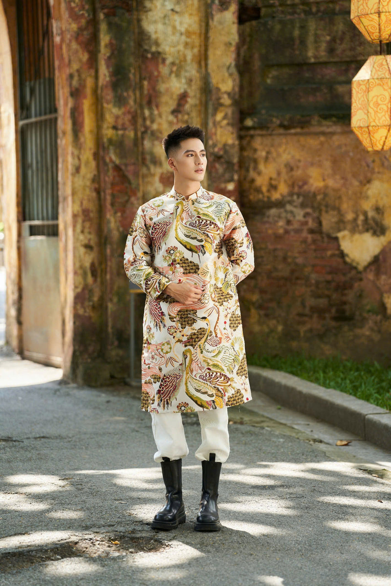 Vietnamese Men Dress | Gold Bird Printed Ao Dai Men | Modern Ao Dai For Men | Men Dress | Áo Dài Nam