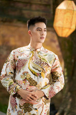 Vietnamese Men Dress | Gold Bird Printed Ao Dai Men | Modern Ao Dai For Men | Men Dress | Áo Dài Nam