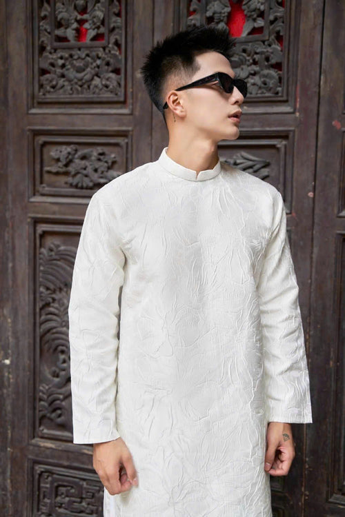 Men Dress | White Lily Hidden Pattern Modernzed Ao Dai For Men | Áo Dài Nam