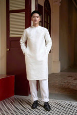 Men Dress | White Lily Hidden Pattern Modernzed Ao Dai For Men | Áo Dài Nam