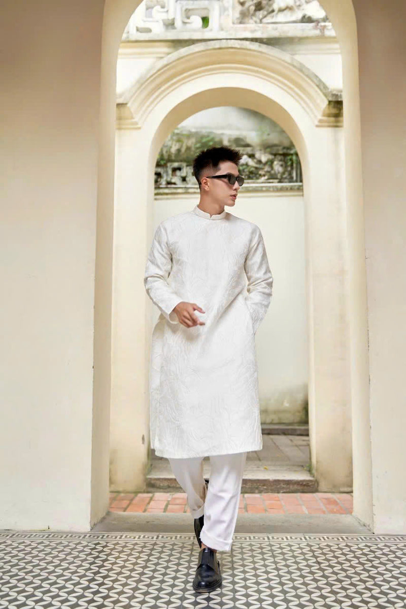 Men Dress | White Lily Hidden Pattern Modernzed Ao Dai For Men | Áo Dài Nam