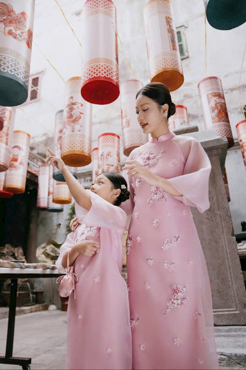 Pink Floral Sparkle Modern Ao Dai | Matching Ao Dai Mom & Daughter | Áo Dài Đôi Mẹ Và Bé | Ao Dai Tet 2025